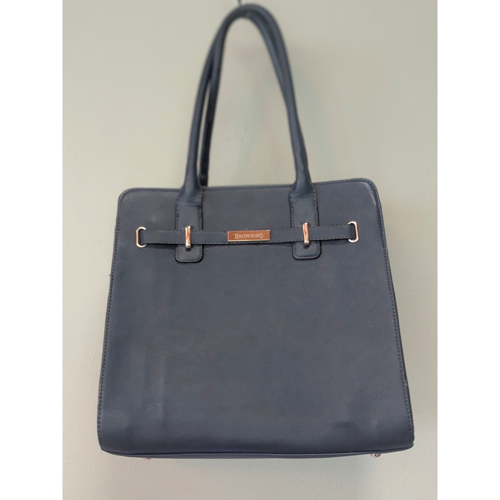 Browning Blue Structured Tote Shoulder Handbag Logo Dual Zip Pockets Purse